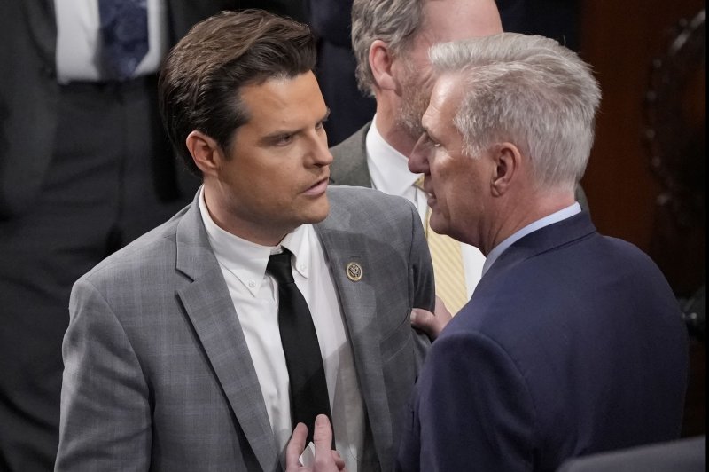 Rep. Kevin McCarthy, R-Calif. (R) speaks to Rep. Matt Gaetz, R-Fla., in January 2023. On Tuesday night, Gaetz appeared to defeat a McCarthy-backed challenger for his 1st Congressional District Florida seat. File Photo by Ken Cedeno/UPI