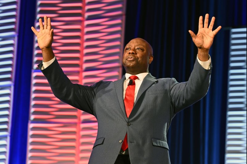 South Carolina Senator Tim Scott speaks at the Florida Freedom Summit on November 4, 2023. The life long bachelor wed designer Mindy Noce in a church ceremony Saturday night. Photo by Joe Marino/UPI