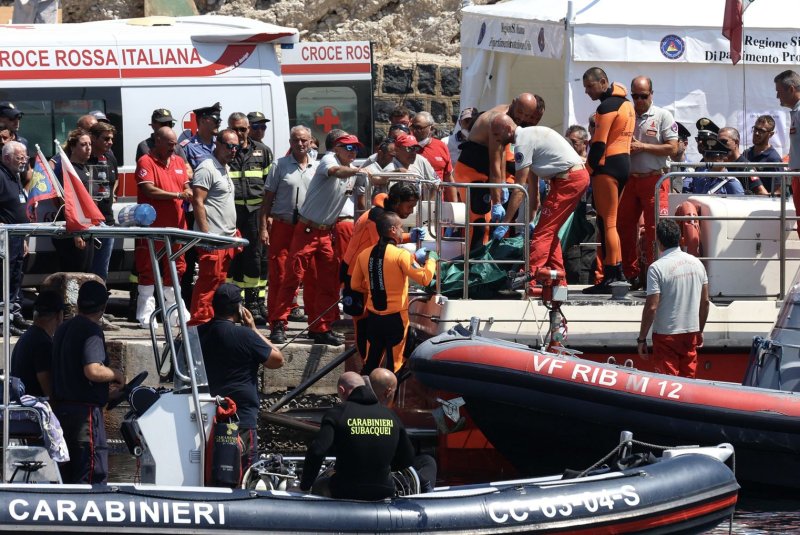 The body of the sixth and final person missing from the sinking of Mike Lynch's luxury yacht, believed to be Hannah Lynch, 18, is brought ashore Friday after being recovered by divers from the wreck at the bottom of the sea off Sicily, the Italian coast guard said. Photo by Igor Petyx/EPA-EFE