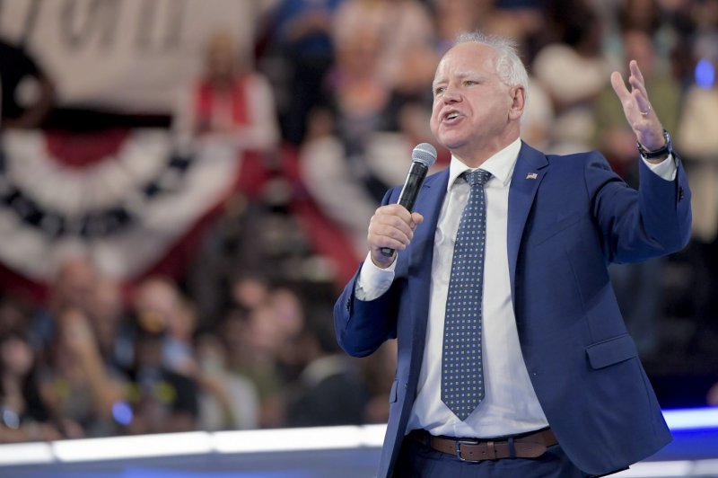 Vice President Kamala Harris' running mate and Minnesota Gov. Tim Walz is the featured speaker during night three of the Democratic National Convention at the United Center in Chicago. Photo by Mark Black/UPI