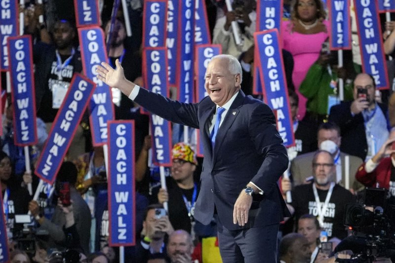 Minnesota Governor Tim Walz accepts the Democratic vice presidential nomination during the third night of the 2024 Democratic National Convention at the United Center in Chicago, Illinois on Wednesday, as he touted his achievements that include "protecting reproductive freedom." Photo by David Banks/UPI