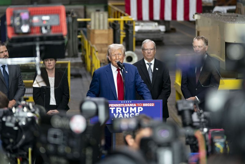 Republican presidential candidate Donald Trump delivers policy remarks on the economy and energy at Precision Components Group in York, Pa., on Monday. Photo by Bonnie Cash/UPI