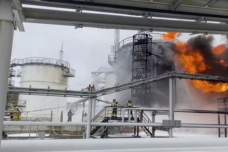 A fire is seen at the Klintsevskaya oil depot, near Bryansk, in January. Ukraine confirmed Thursday that it had carried drone strikes against strategic Russian oil facilities in the past 24 hours that also targeted field artillery infrastructure just across the border inside Russia. File Photo courtesy Russian Emergencies Ministry/EPA-EFE