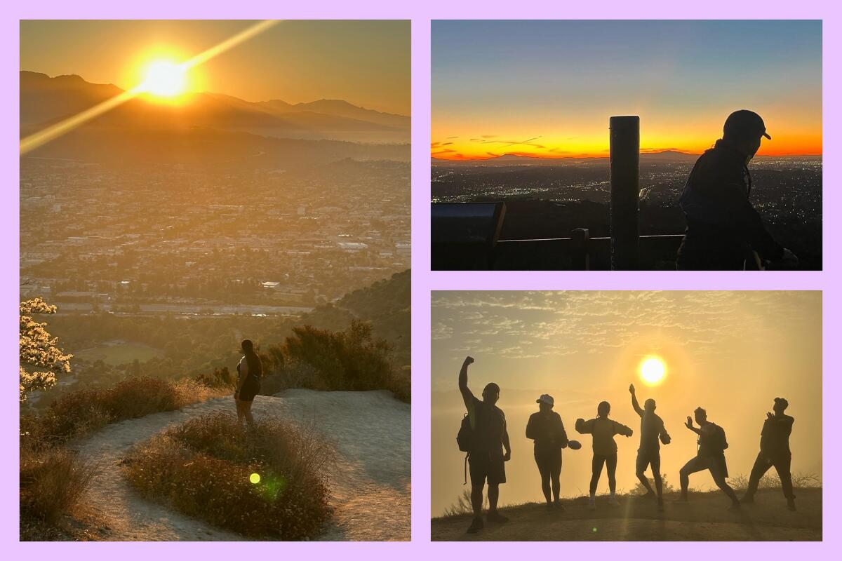 Three photos of hikers enjoying early morning sunlight