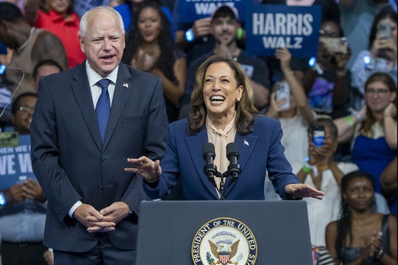 Democratic Party presidential nominee Vice President Kamala Harris and running mate Minnesota Gov. Tim Walz address their first campaign rally as a team at Temple University Tuesday evening in Philadelphia. Photo by Ken Cedeno/UPI