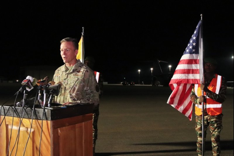 U.S. Major Gen. Kenneth Ekman, director of Strategy, Engagement and Programs for U.S. Africa Command, speaks at a June 7 press conference prior to official withdrawal of the U.S. military at Air Base 101 next to Diori Hamani International Airport in Niamey, Niger. Photo by Issifou Djibo/EPA-EFE