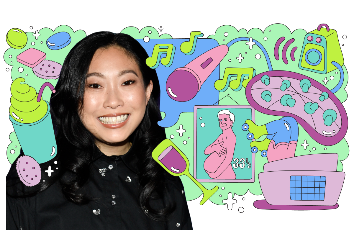 Photo of comedian and actress Awkwafina surrounded by illustrations of a karaoke machine, smoothie, wine, pizza and more