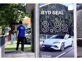 Electric vehicles on display at a BYD Co. sponsorship stand at a Fan Zone during Europe's soccer championships in Germany earlier this year.