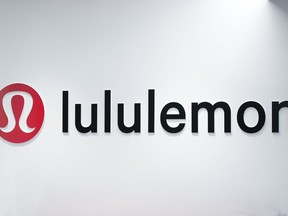 The Lululemon logo is seen on a wall at the company's headquarters, in Vancouver, on May 25, 2023.