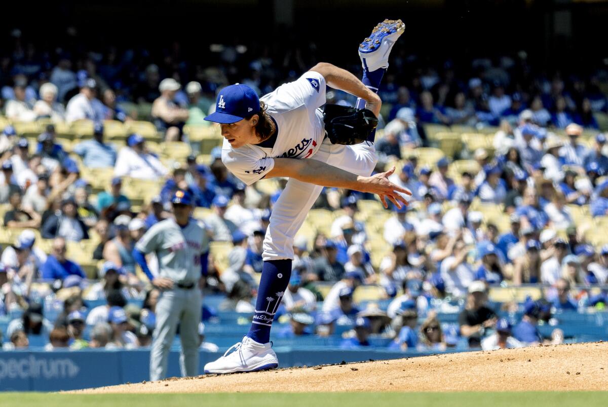 Dodgers pitcher Tyler Glasnow delivers during a game against the New York Mets at Dodger Stadium in April.