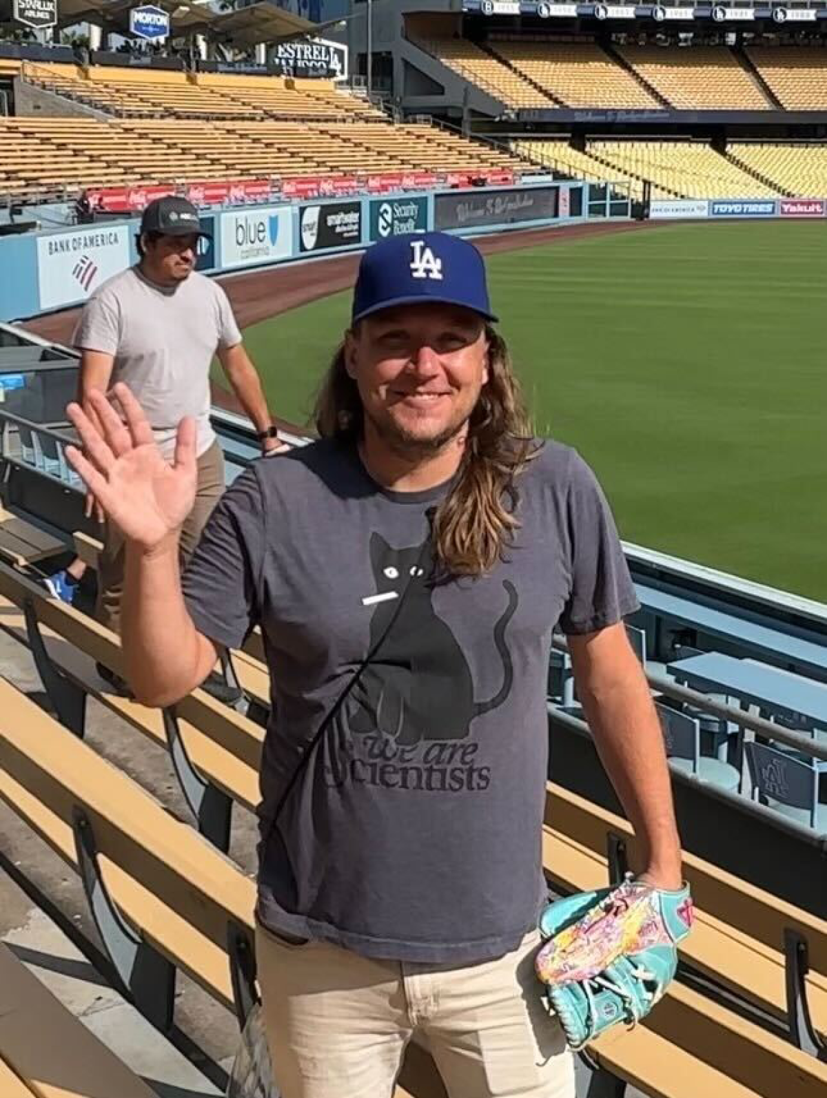 Tony Voda waves before a game between the Dodgers and Tampa Bay Rays at Dodger Stadium on Aug. 23.