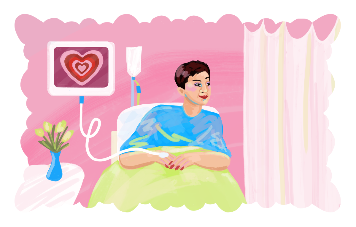 Illustration of a woman in a hospital bed attached to a monitor that shows a drawn heart