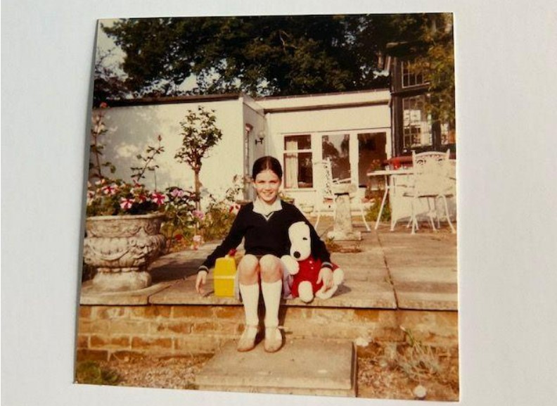 Susanna Reid with her teddy bear, in her garden