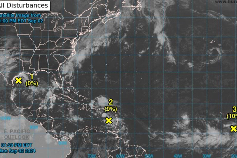 The National Hurricane Center is tracking three tropical disturbances in the Atlantic though none of them have a strong chance of formation in the next seven days. Image courtesy of National Ocean and Atmospheric Administration.