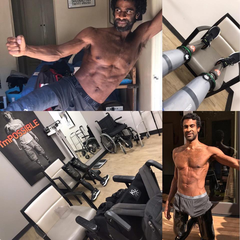 Obi Ndefo shirtless in a collage while working out