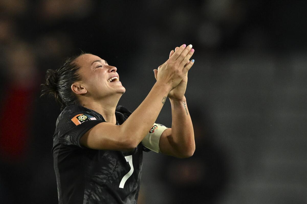 Ali Riley celebrates during a match between New Zealand and Norway at the Women's World Cup in July 2023.