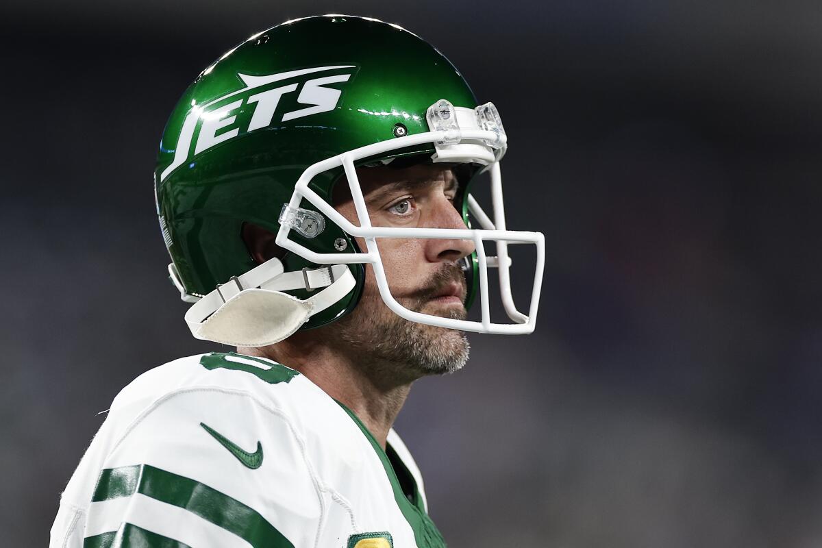 FILE - New York Jets quarterback Aaron Rodgers.