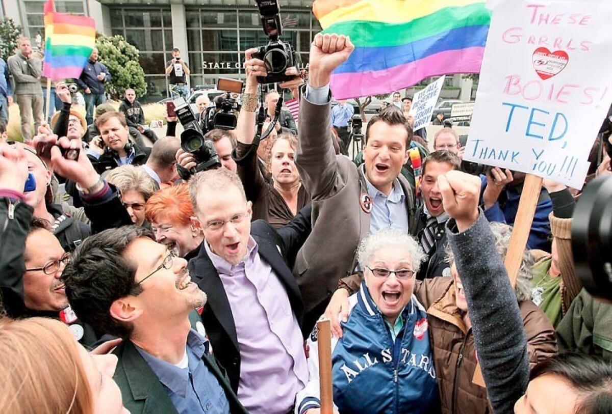 Opponents of Proposition 8 cheer after federal judge in San Francisco overturned California's same-sex marriage ban in 2010. (AP Photo/Eric Risberg)