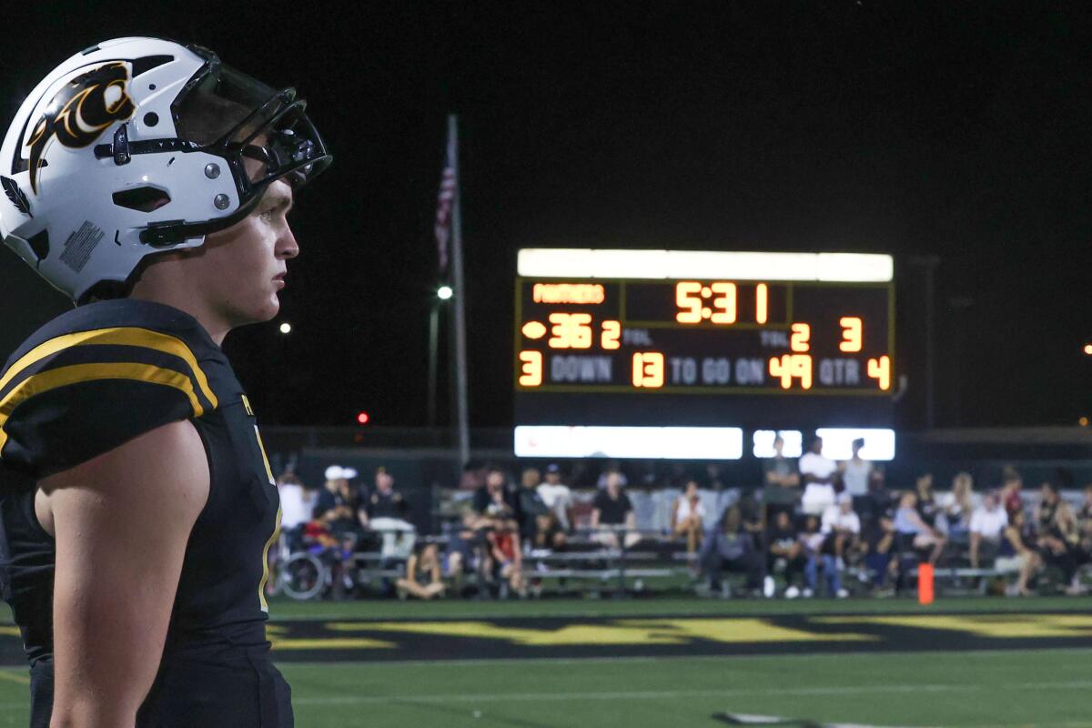 Newbury Park quarterback Brady Smigiel looks on from the sideline during a win over Oxnard Pacifica on Friday night.