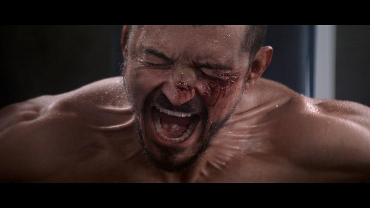 A bloody boxer straining and screaming.