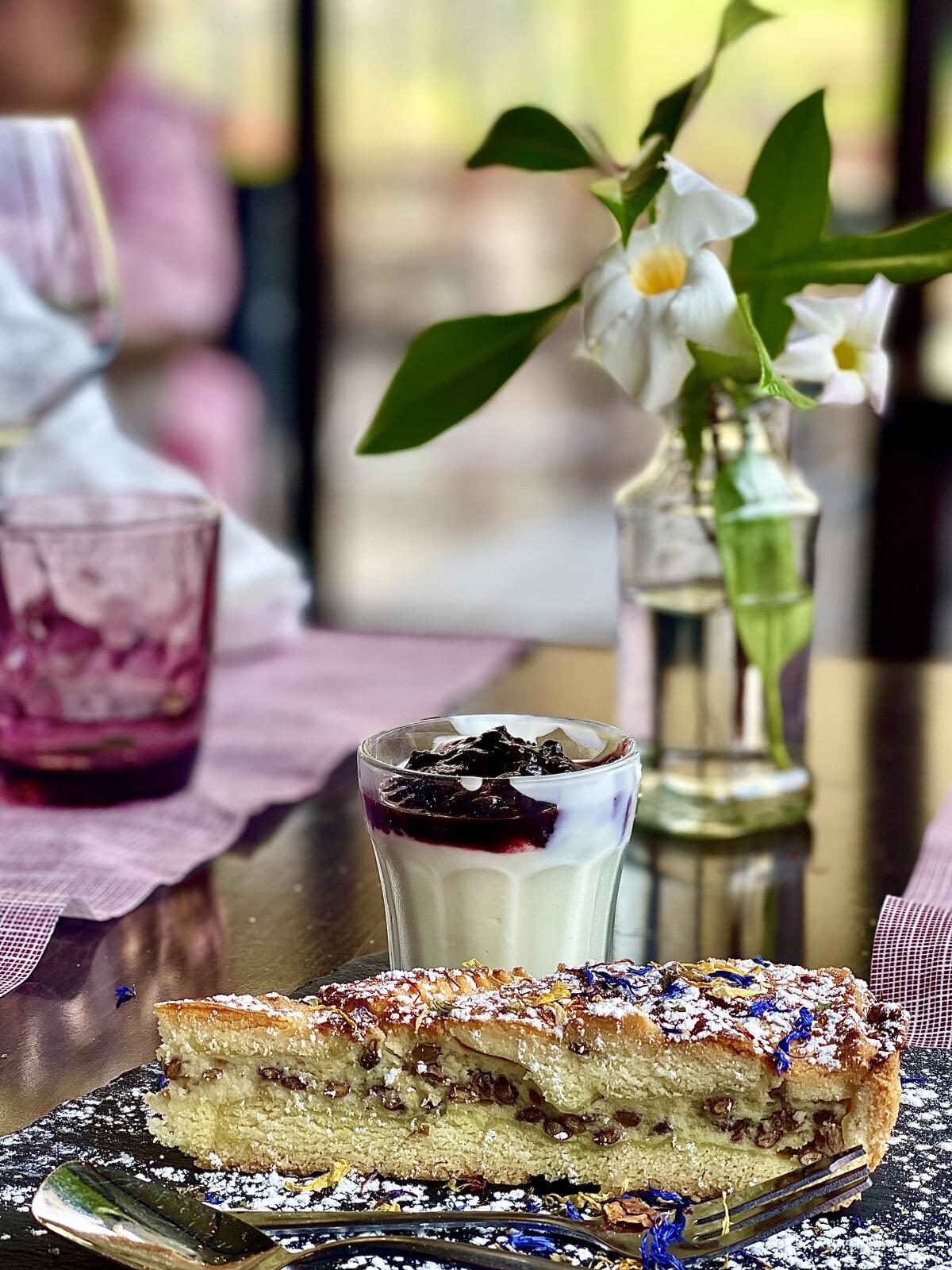 Crostata of lentils and ricotta served with sheep milk yogurt and sambuco marmelade at Taverna Castelluccio in Italy.