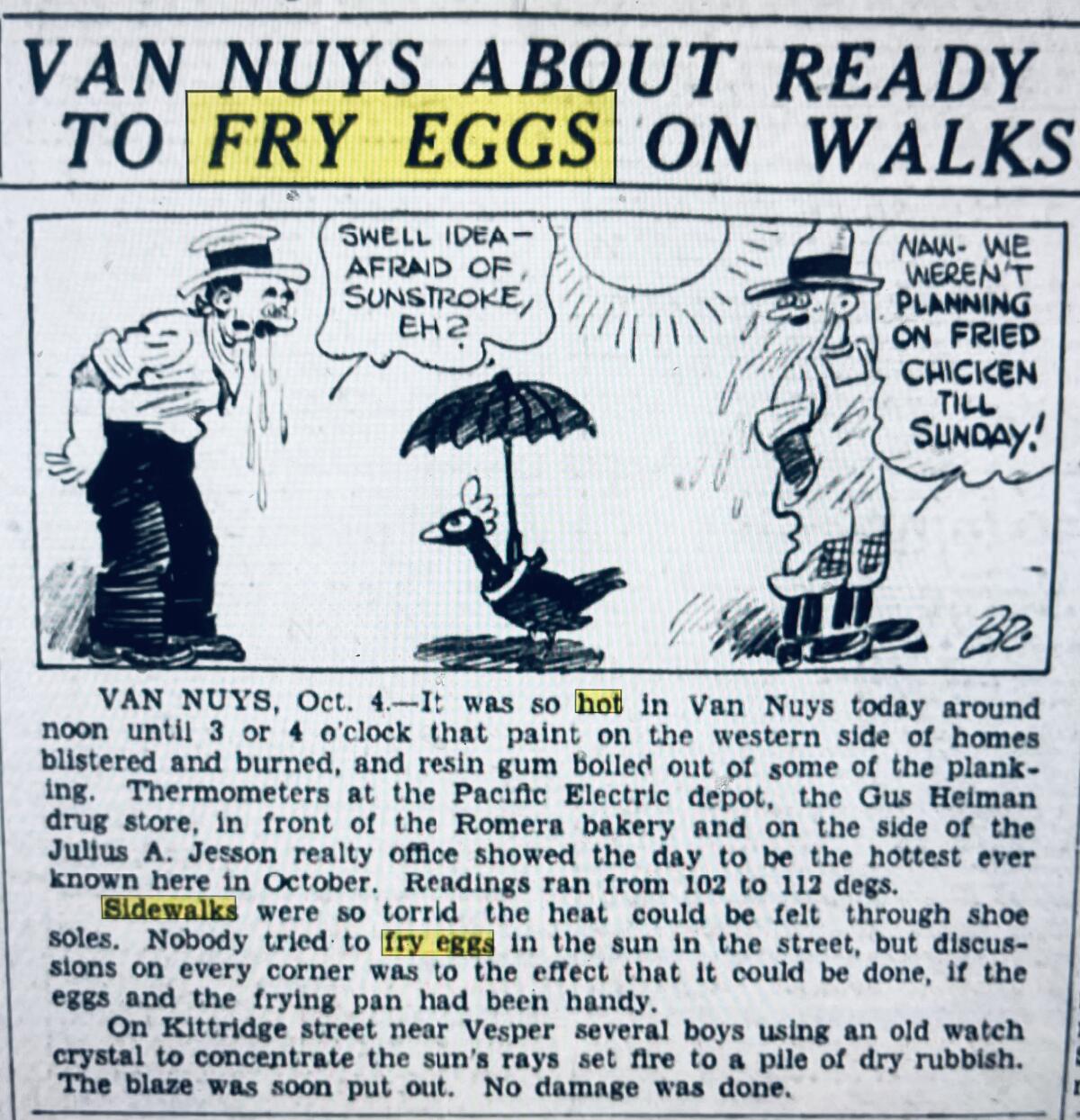 Los Angeles Times archived story from Oct. 5, 1933, about whether eggs could be fried on the sidewalk.