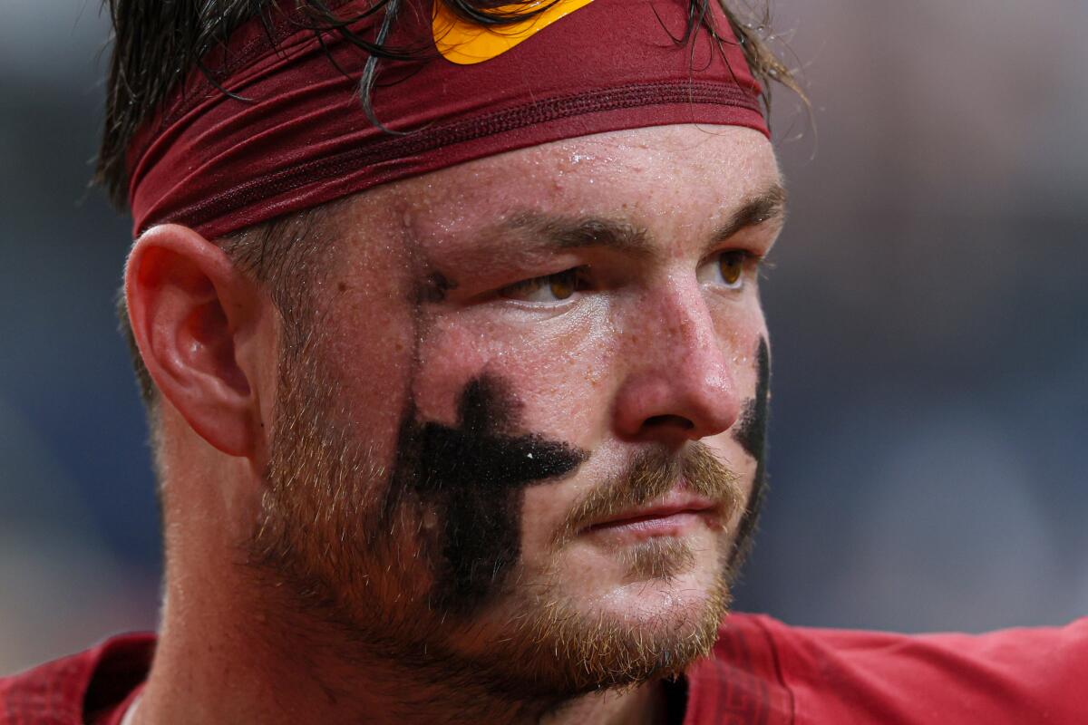 USC tight end Lake McRee warms up before a win over LSU at Allegiant Stadium in Las Vegas on Sept. 1.