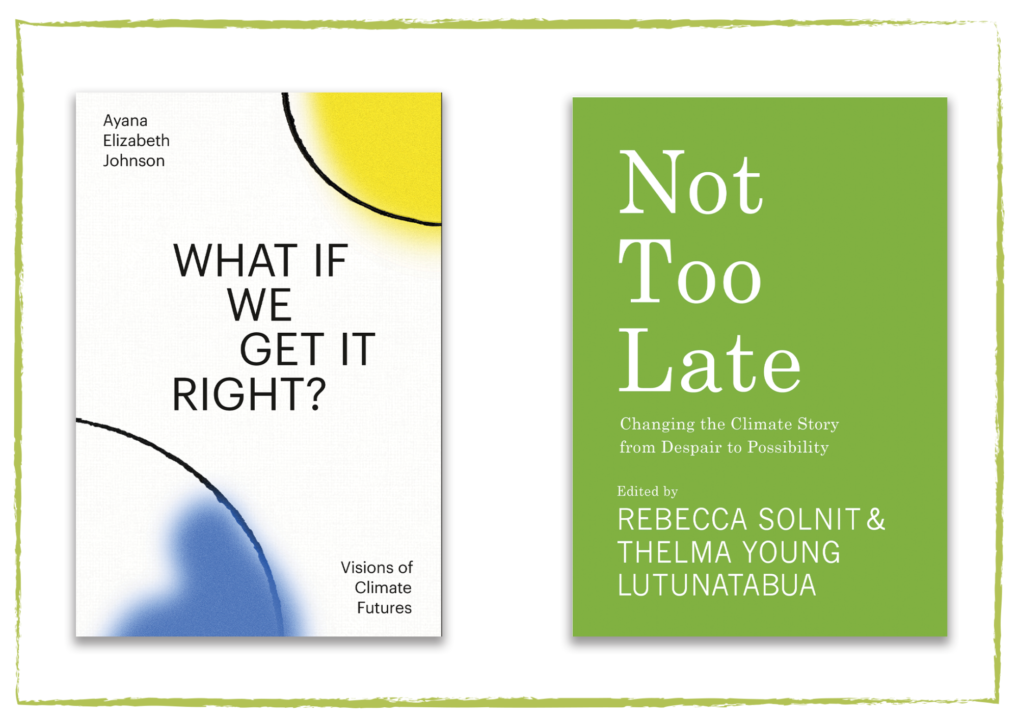 Book covers for "What If We Get It Right?" and "Not Too Late: Changing the Climate Story from Despair to Possibility"