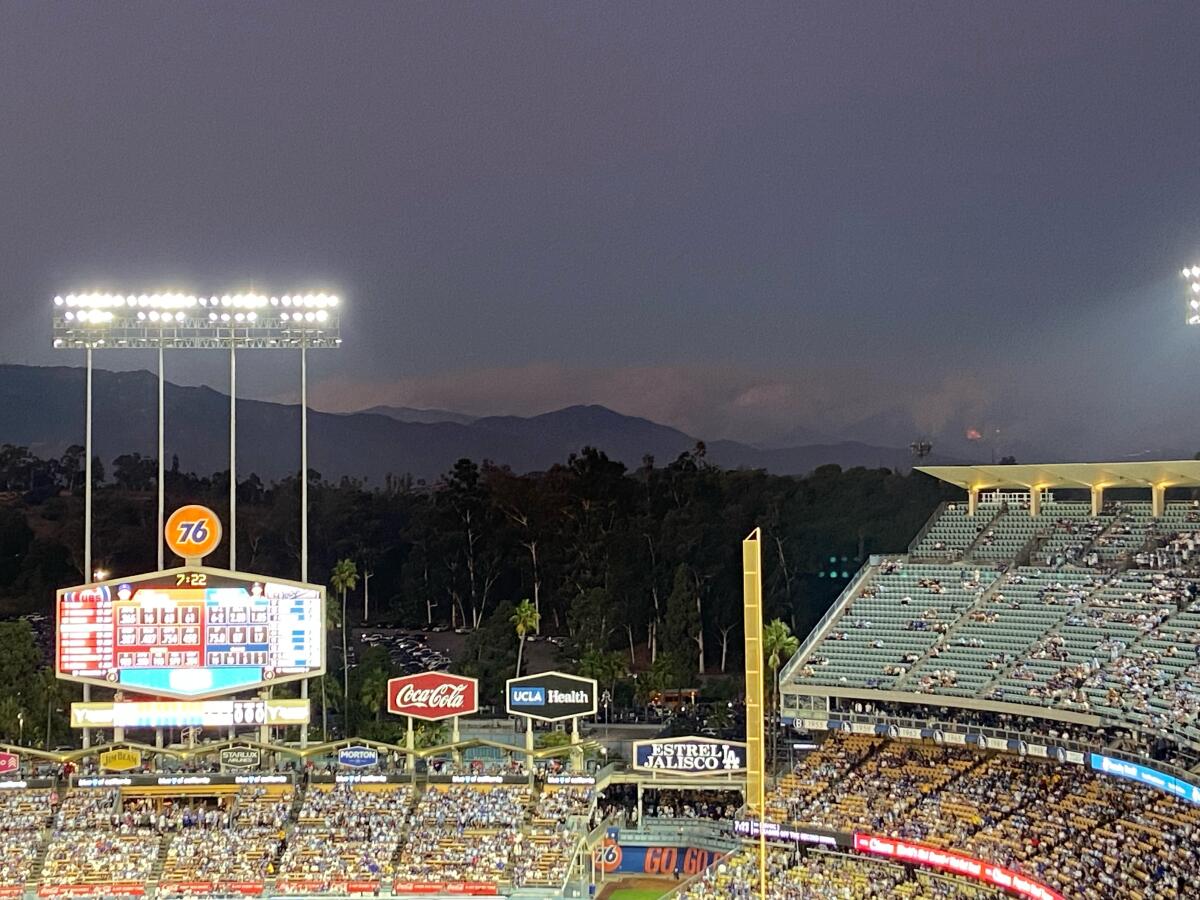 Smoke from the Bridge fire is visible from Dodger Stadium.