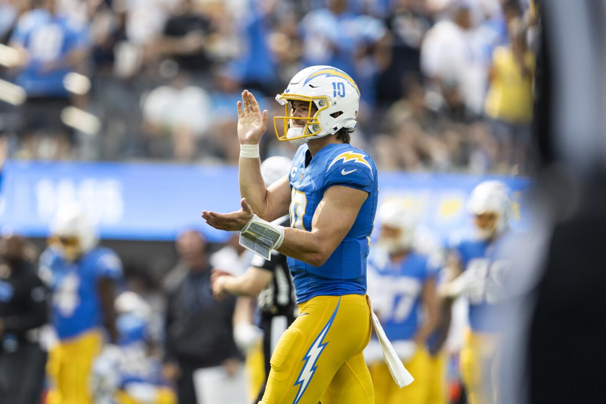 Chargers quarterback Justin Herbert celebrates a touchdown in Week 1.