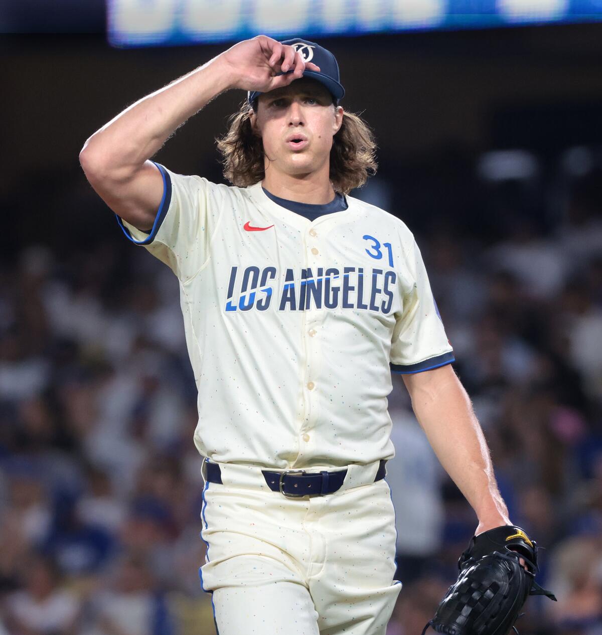 Dodgers pitcher Tyler Glasnow reacts during a game against the Angels in June.