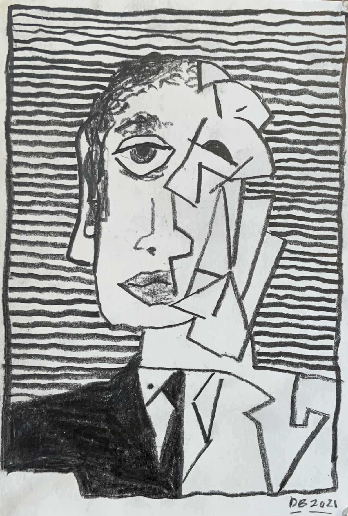 A Cubist style black-and-white drawing of a person's head