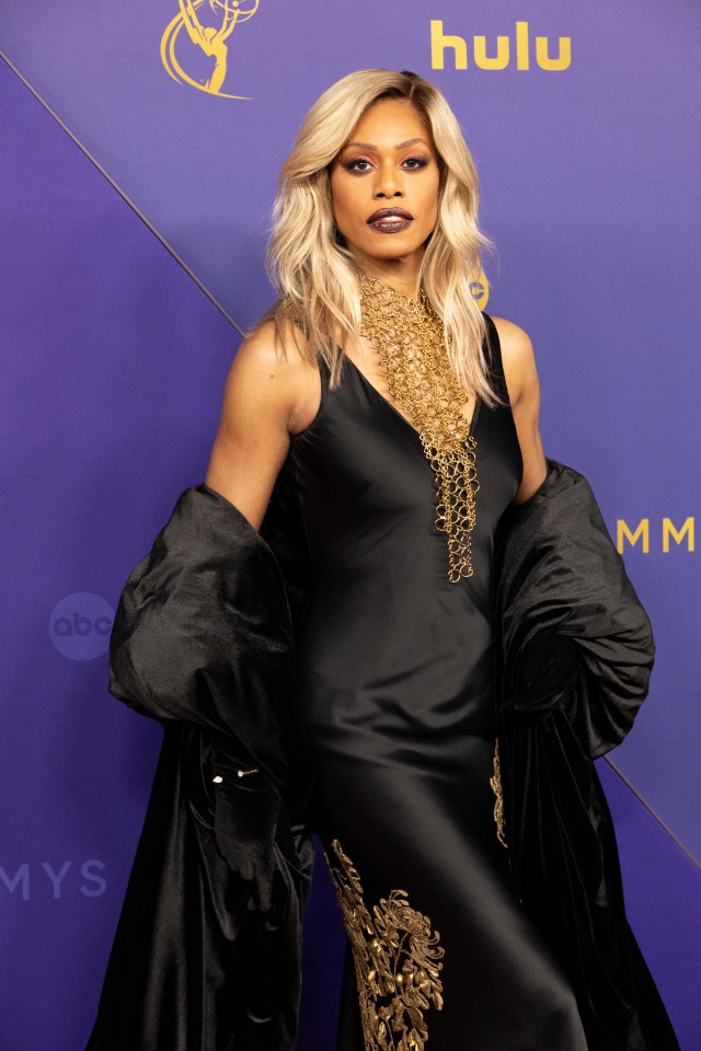 Laverne Cox walks the carpet in a stunning black embroidered dress with gold accessories to match