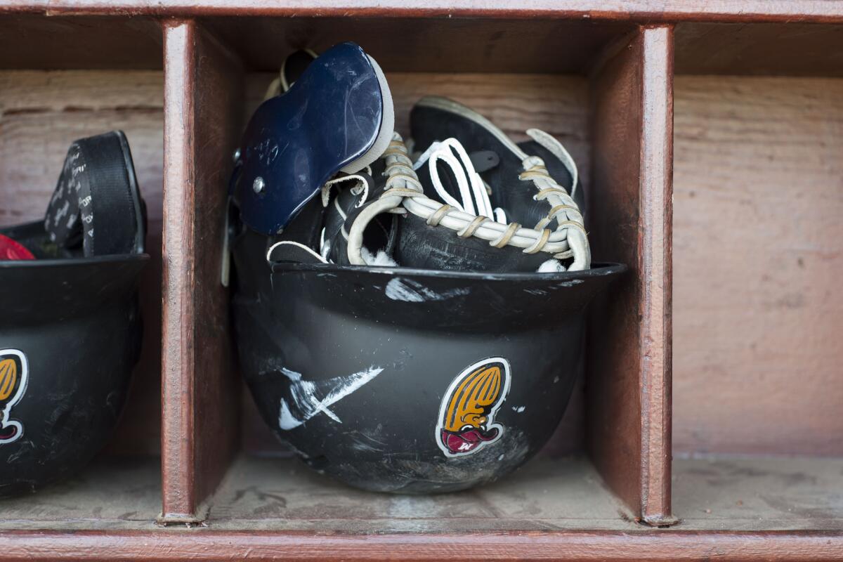 A Modesto Nuts helmet before a California League game against the Lake Elsinore Storm.