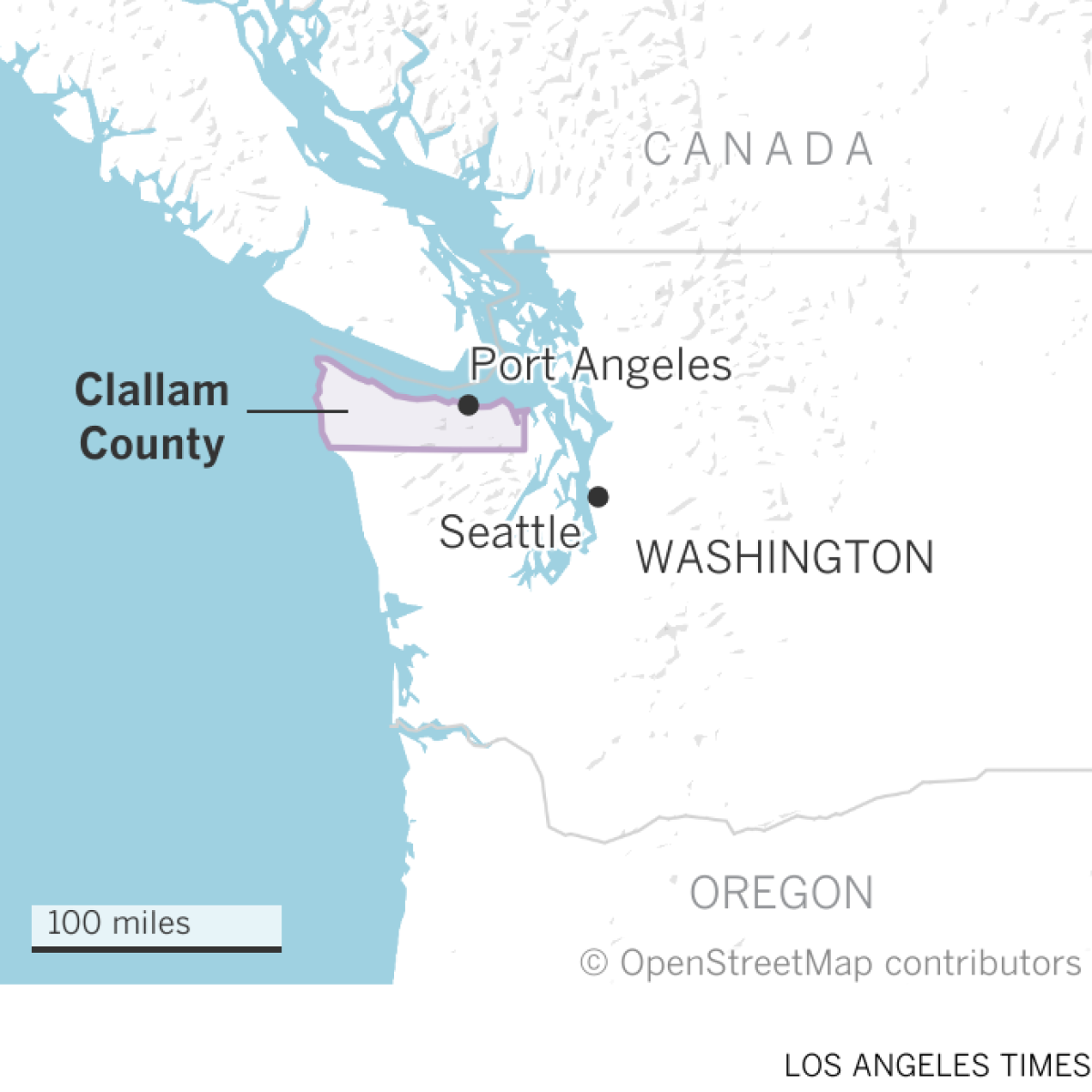 Map of Clallam County in Washington. The county is north west of Seattle on the Olympic peninsula.