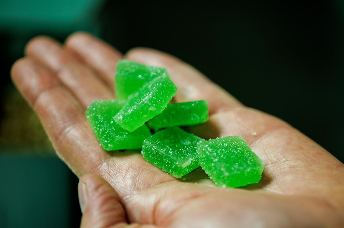 A close-up of six square, green gummy candies piled on Jacob Dunn's left hand