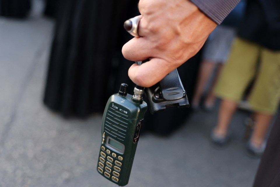 A walkie-talkie with the battery removed at a funeral in Lebanon