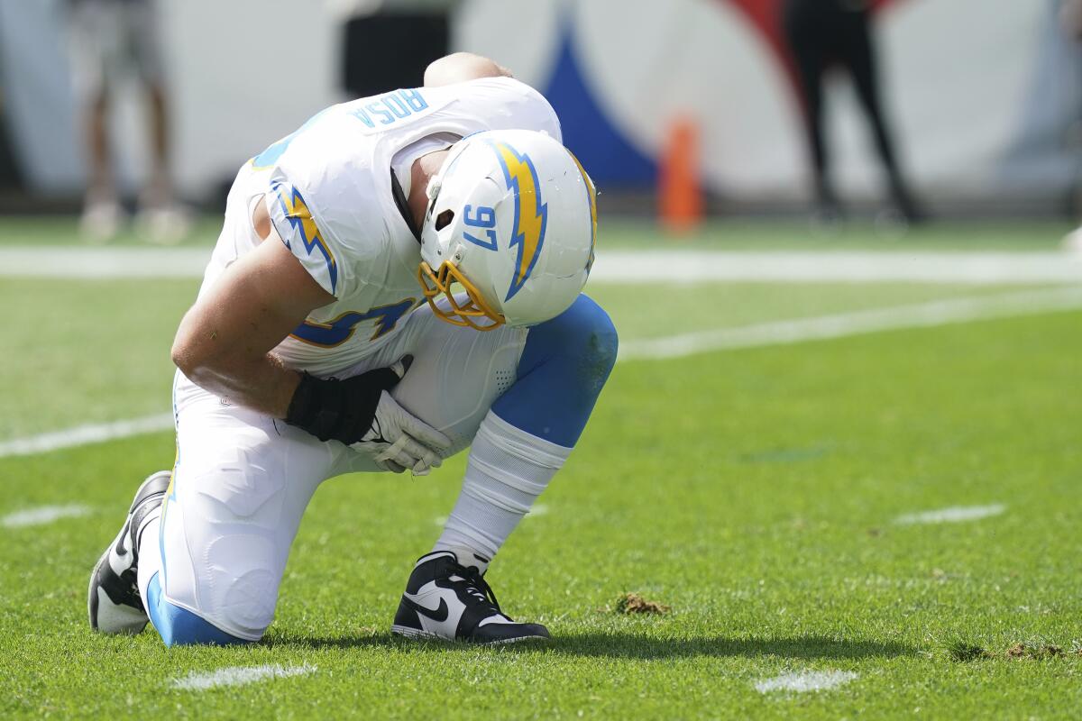 Chargers linebacker Joey Bosa after the first defensive play against the Steelers.