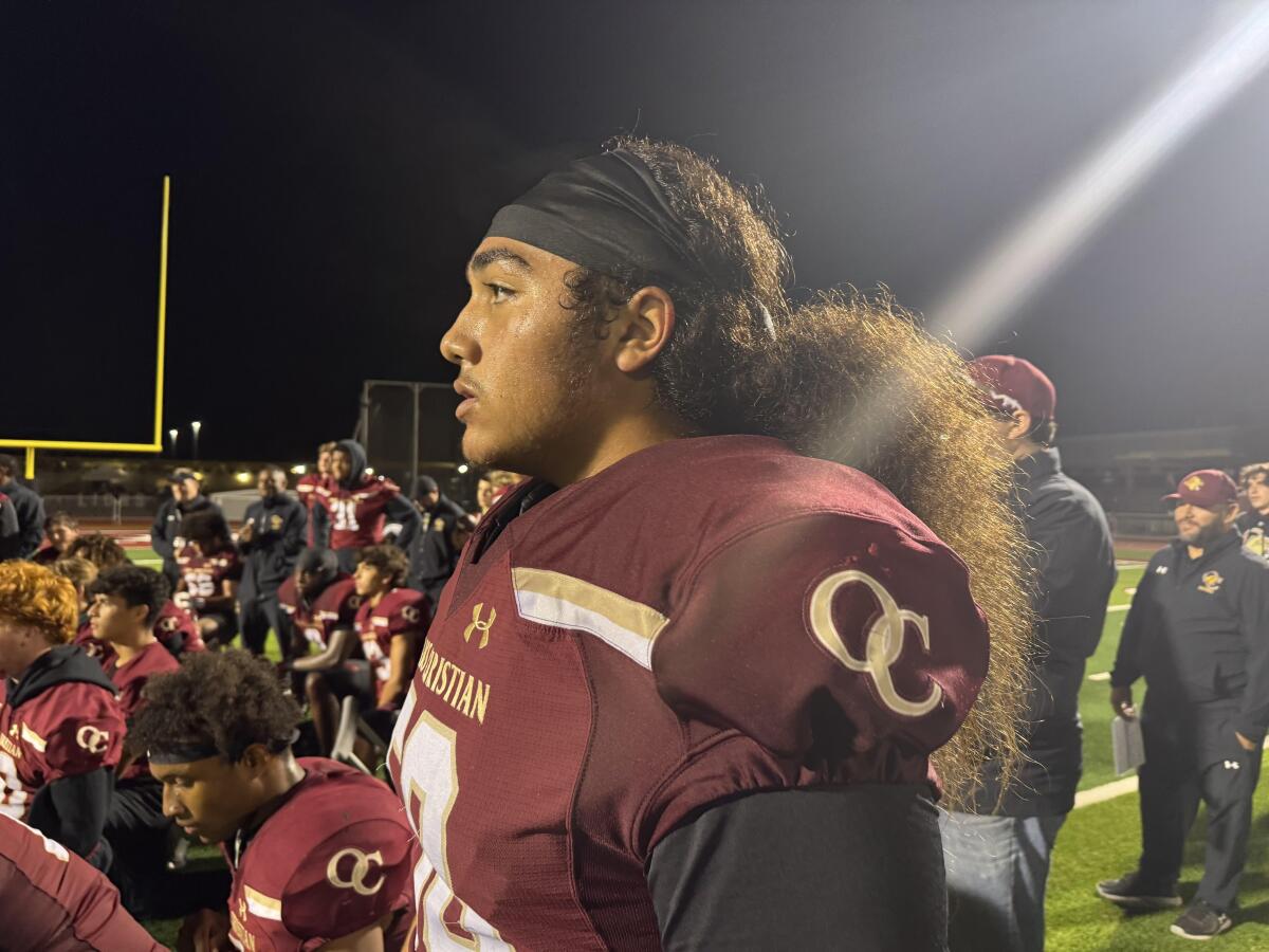 Oaks Christian defensive lineman Joseph Peko had four sacks against Serra. He also hasn't cut his hair in five years.