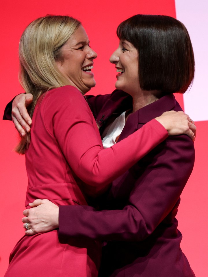 Rachel Reeves hugs her younger sister Ellie Reeves, the party’s new chairwoman