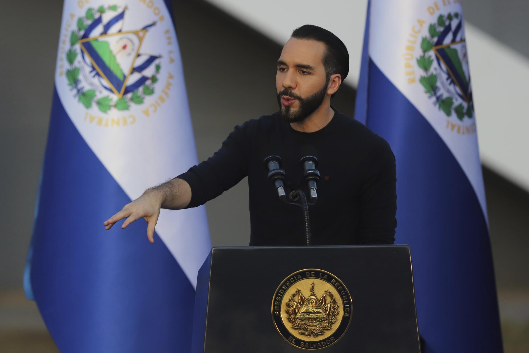 El Salvador's President Nayib Bukele gives a speech during the inauguration in Ciudad Arce, El Salvador.