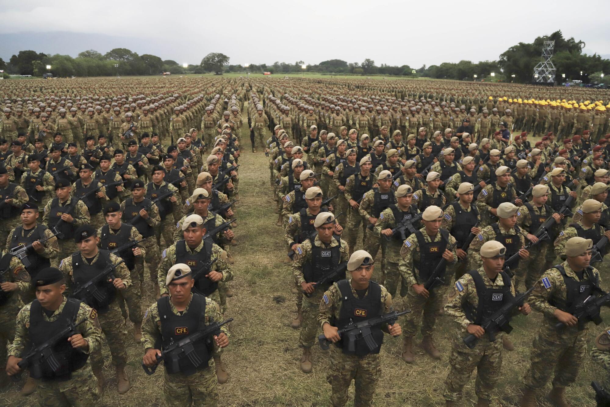 Salvadoran soldiers take part in an independence day celebration led by President Nayib Bukele in Ciudad Arce, El Salvador.