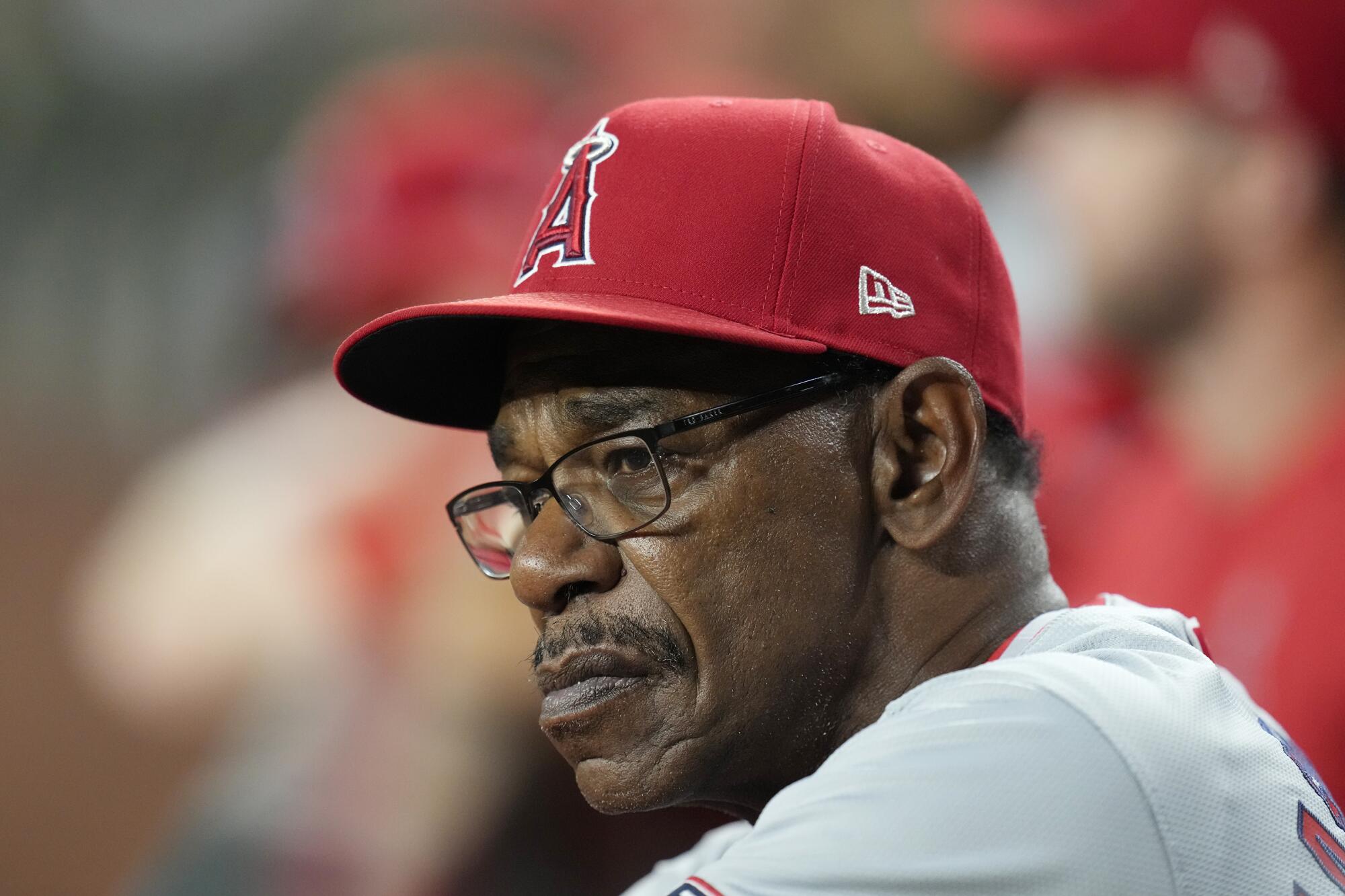 Angels manager Ron Washington watches the action on the field during a game against the Diamondbacks