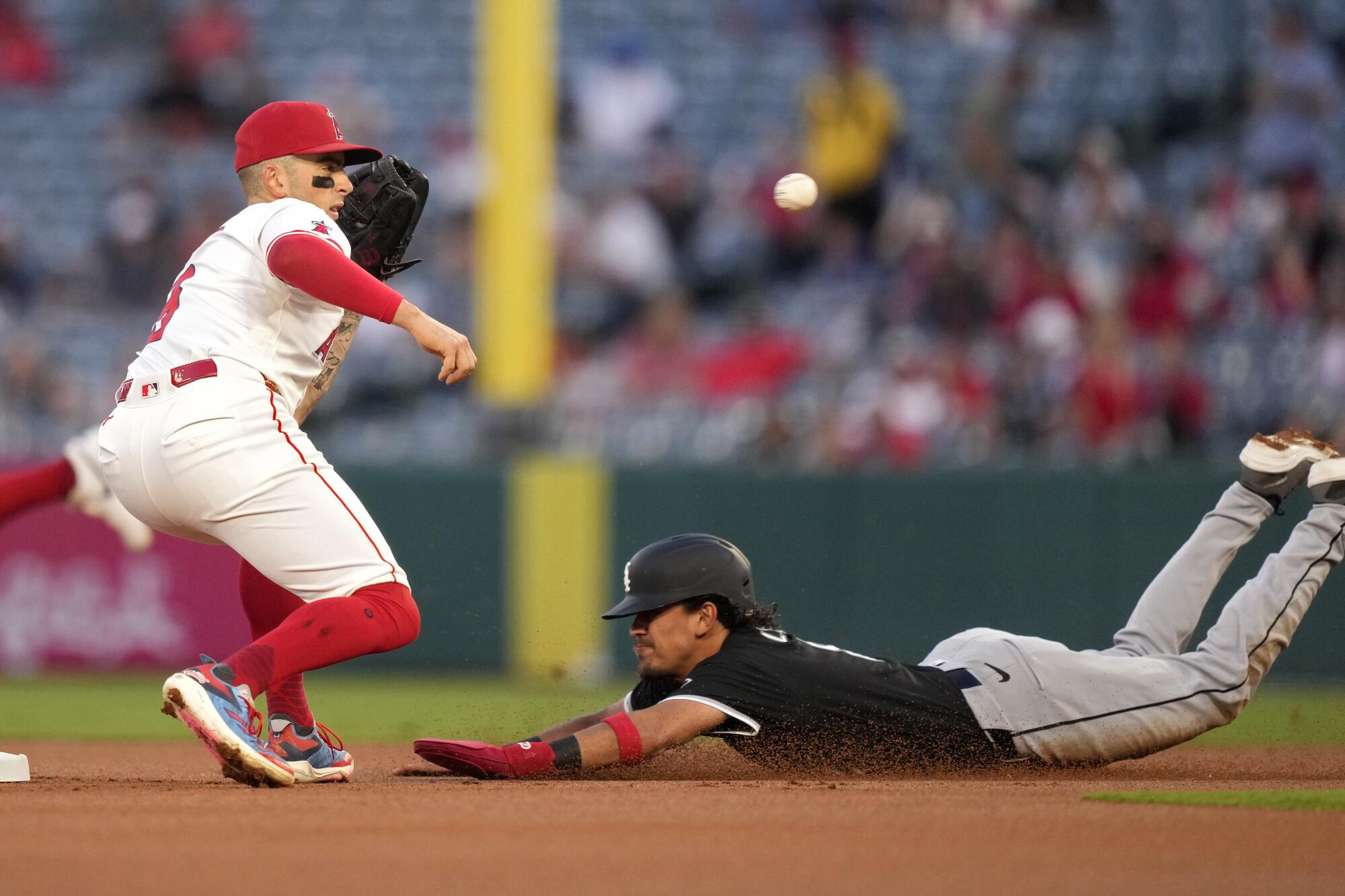 Angels shortstop Zach Neto gets ready to tag out the White Sox's Nicky Lopez as Lopez tries to steal second 