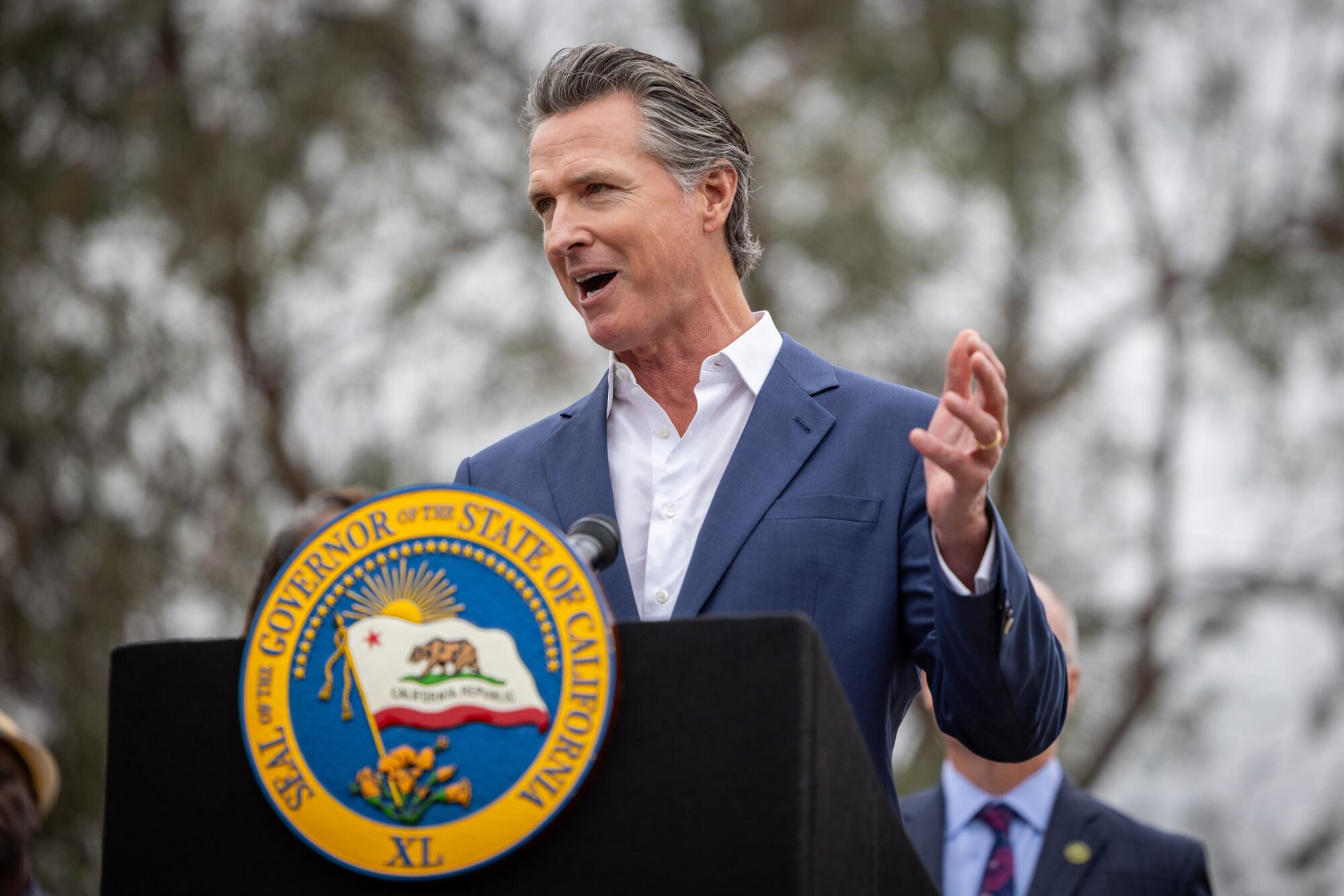 Gov. Gavin Newsom speaks at a news conference 