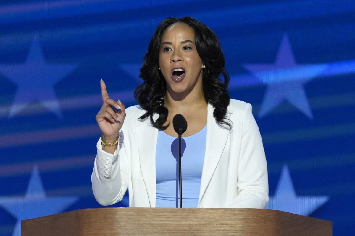 Courtney Baldwin speaks during the Democratic National Convention in Chicago.