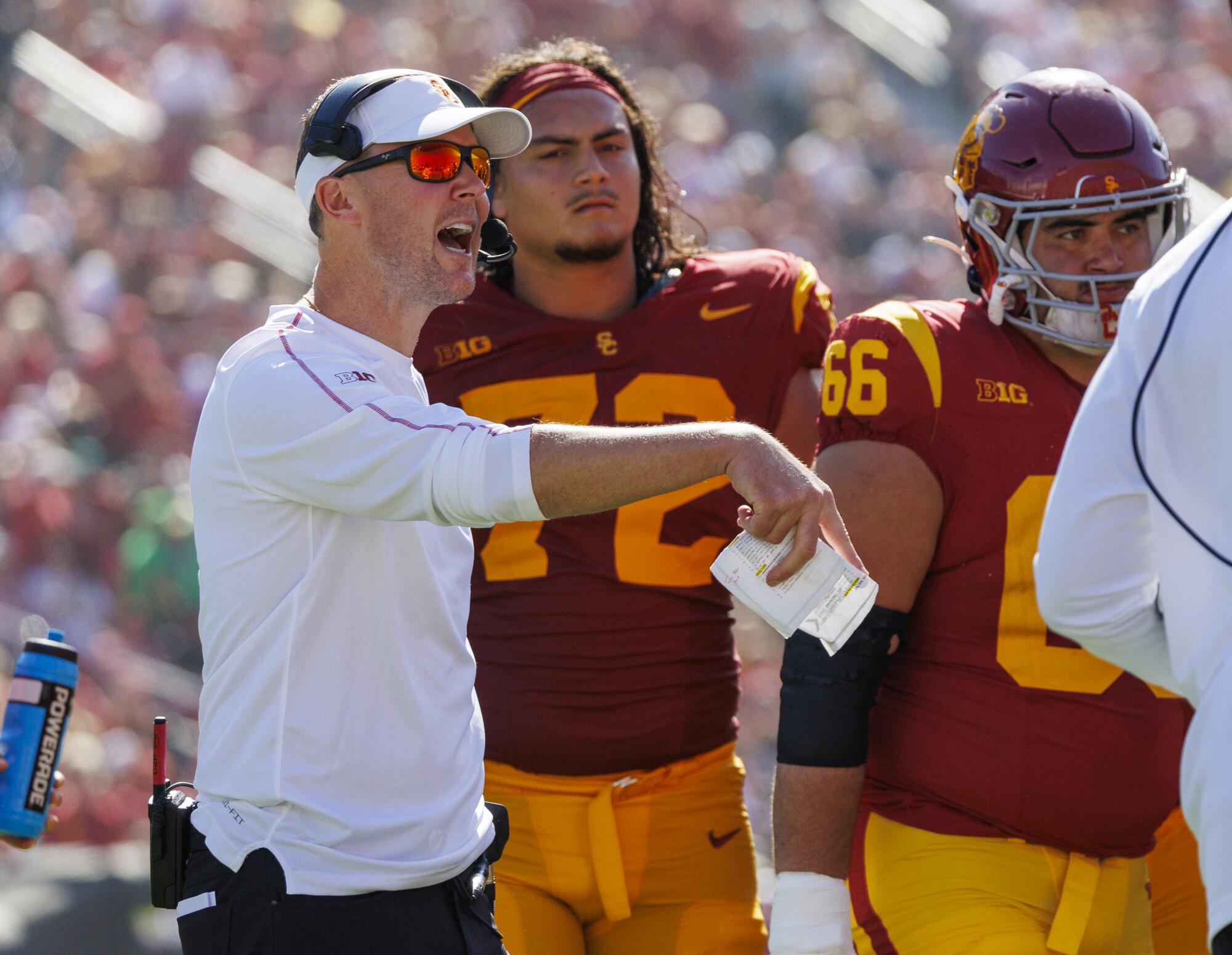 USC coach Lincoln Riley talks with his offensive linemen during the Trojans' win over Wisconsin at the Coliseum Saturday