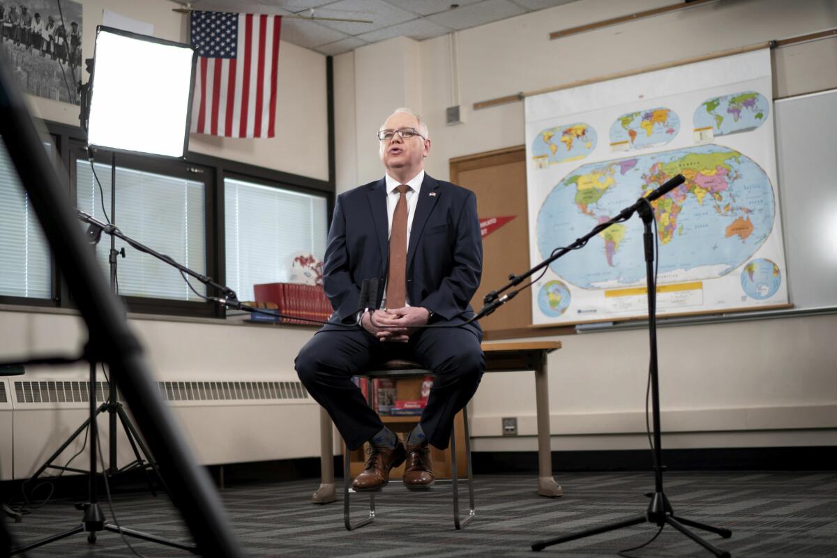 Minnesota Gov. Tim Walz delivers his 2021 State of the State address from the high school classroom where he once taught.