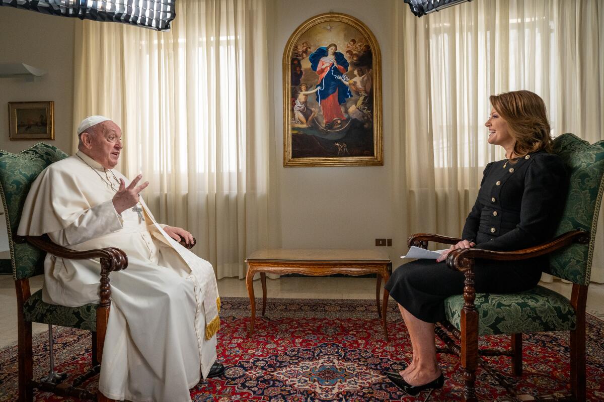 Pope Francis is interviewed by Norah O'Donnell for CBS News in May.