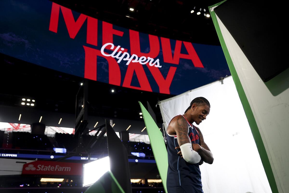 Clippers guard Kevin Porter Jr. poses fpr a photo during the team's media day.